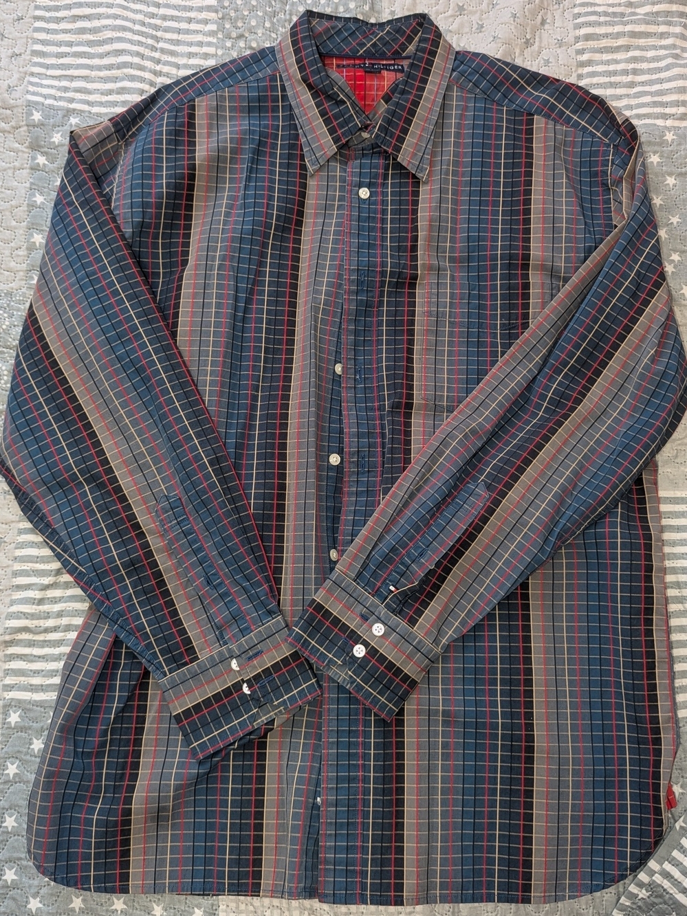 Vintage 90s Tommy Hilfiger Plaid Button-Down Shirt Navy Blue red Long Sleeve L